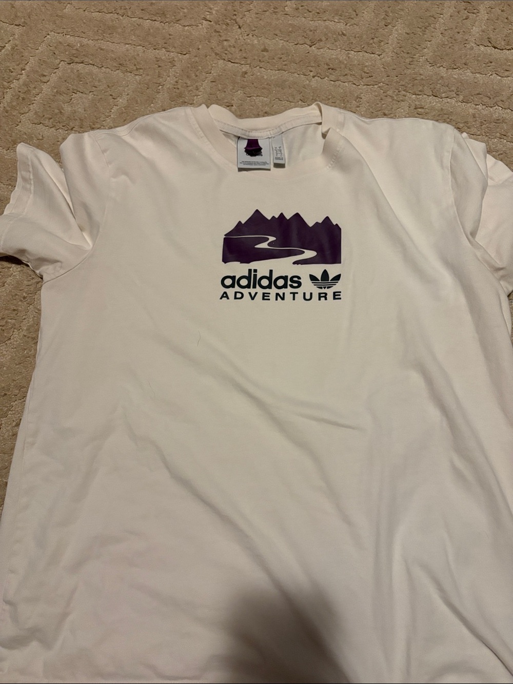 adidas White Graphic Adventure Short Sleeve Tee with Purple Mountain Logo